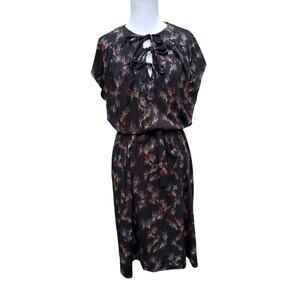 VTG Montgomery Ward 2 Piece Belted Dress Jacket Black Red Floral Tie Neck S/S XL